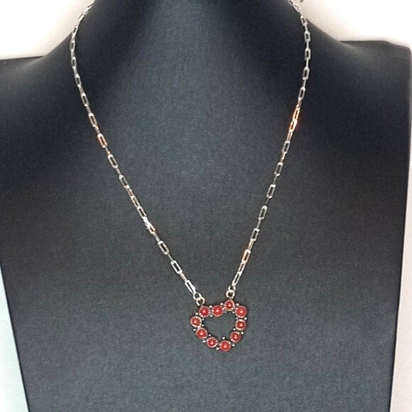 Heart Shaped Red Coral Pendant Necklace on Sterling Silver Chain Adjustable 9.5g - Picture 2 of 7
